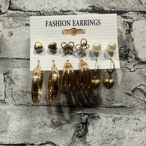 NWT Fashion Earrings Full Set (3 Studs, 2 Small Hoops, 1 Dangle Heart)